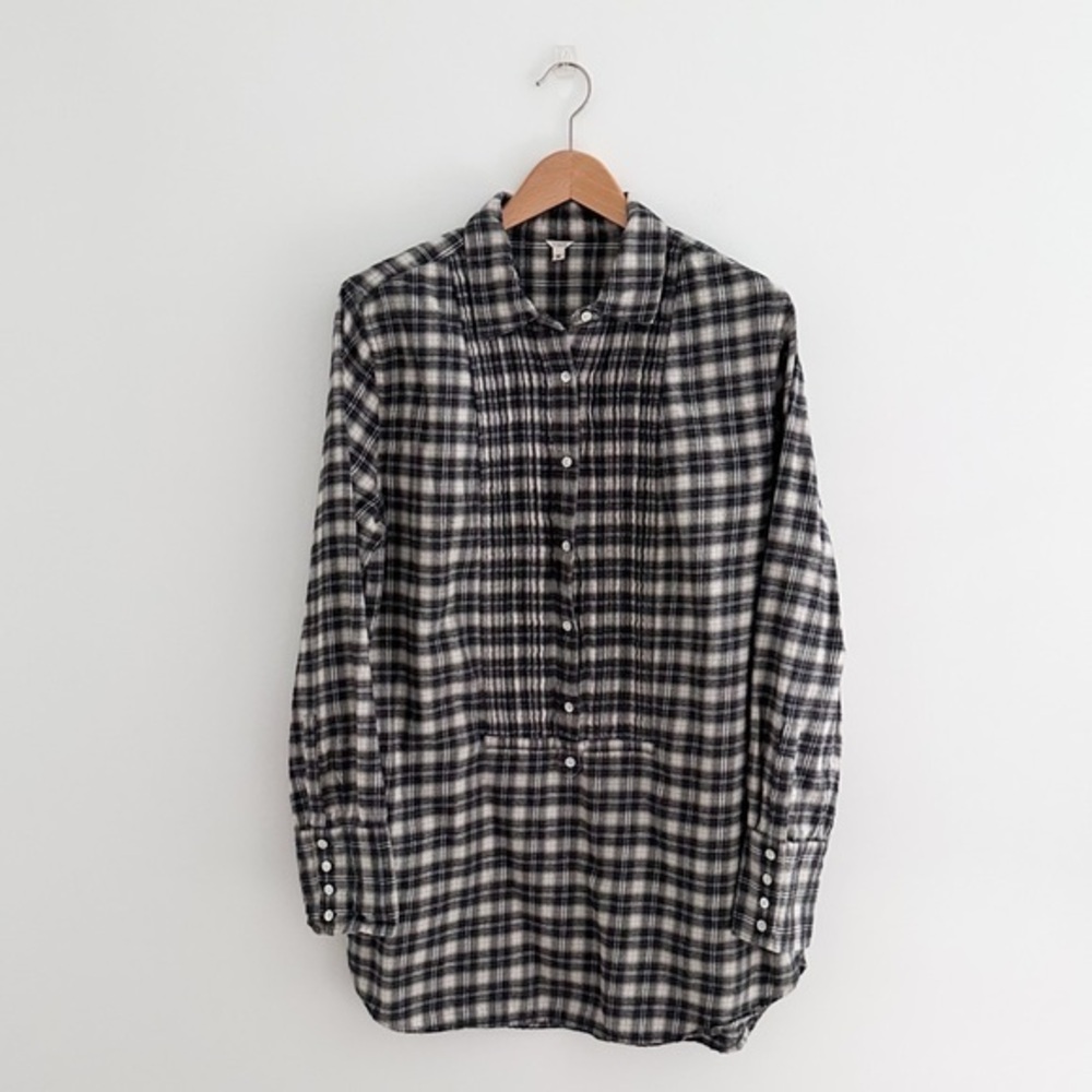 J.Crew Black & White Plaid Flannel Tunic Style Pleated Popover Top Size Medium